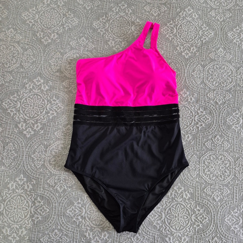 Holipick One Piece Swimsuit Neon Pink Black One Shoulder Mesh Cutout Large NWT